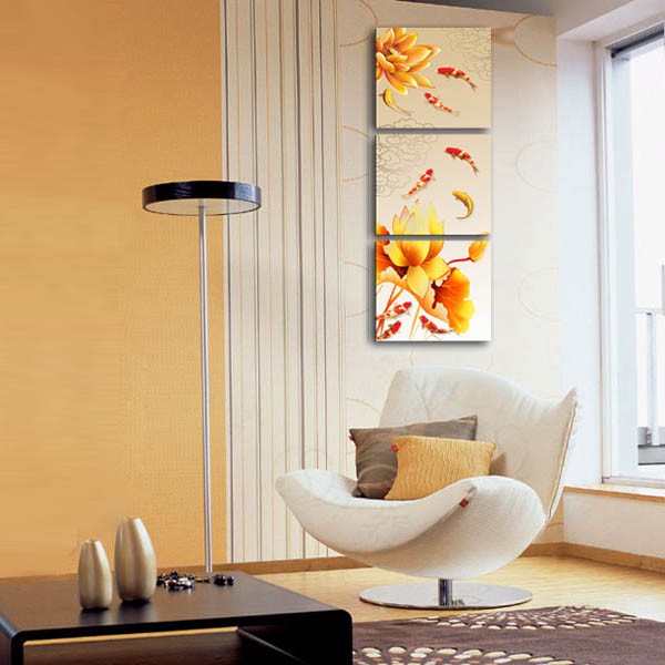 30×30cm アートパネル フレーム絵画 油絵風 縦タイプ 3枚セット 鯉と蓮