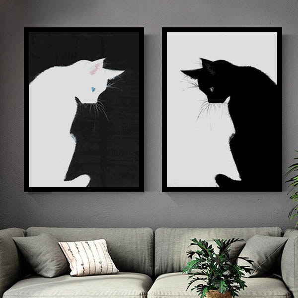 2枚セット 33×43cm アートパネル 枠付き フレーム絵画 白猫 黒猫 ネコ 
