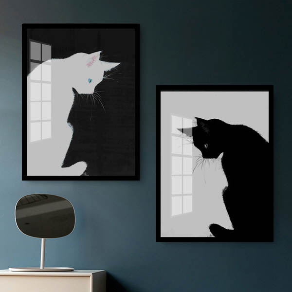 2枚セット 33×43cm アートパネル 枠付き フレーム絵画 白猫 黒猫 