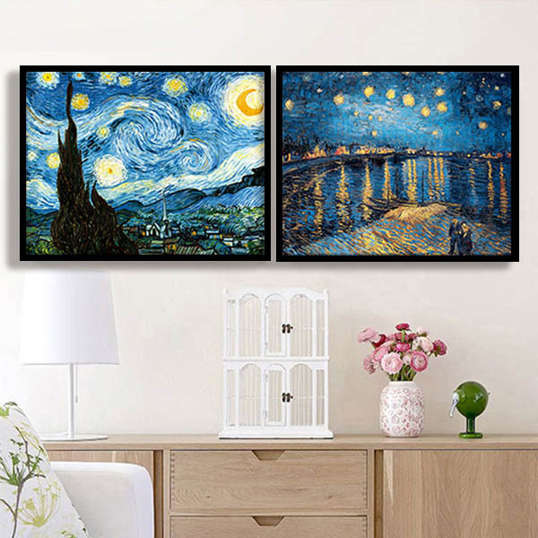 No.17木枠付き絵画　アートパネル　インテリア絵画　ゴッホ　星月夜　オマージュ Amazon.co.jp: Van Goghヴァンゴッホ星月夜絵画インテリア