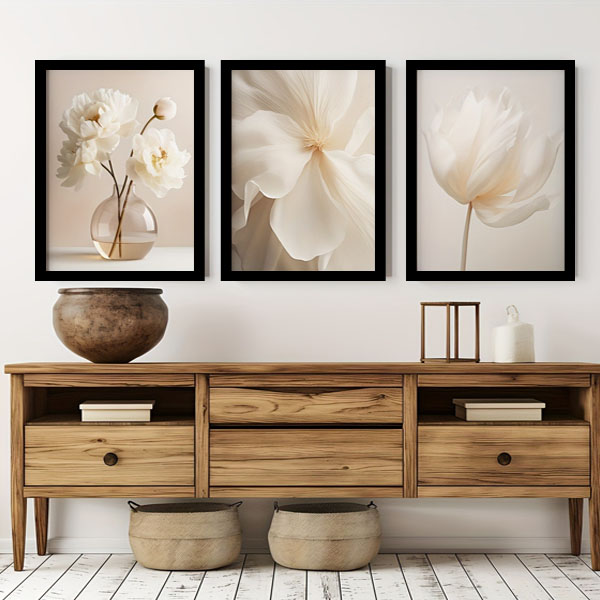 3枚セット 33×43cm アートパネル 枠付きフレーム絵画 白い花 ホワイト