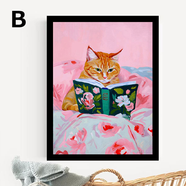 単品 額入り アートポスター 33×43cm 枠付きフレーム絵画 本を読む猫