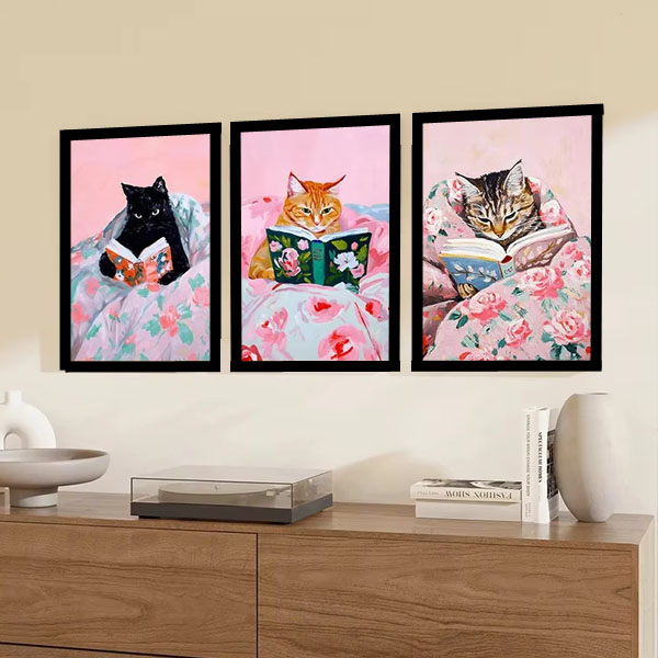 絵画 インテリア 絵 額付(銀) 油絵 F4-072019 猫と女の子(蟻さん) 単品 額入り アートポスター 33×43cm 枠付きフレーム絵画 本を