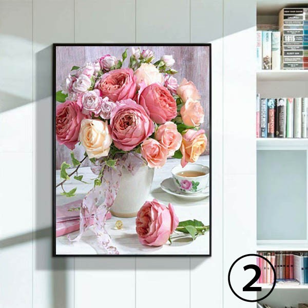 中級 フル ダイヤモンドアート キット ビーズ刺繍 静止画 花 花瓶 薔薇