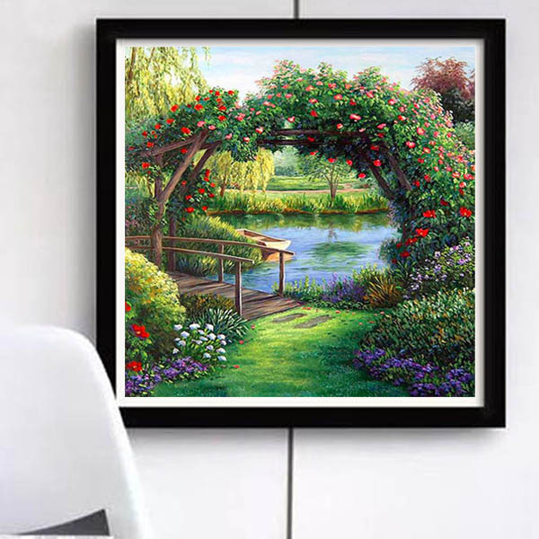 初級 フル ダイヤモンドアート キット ビーズ刺繍 ガーデンアーチ 池
