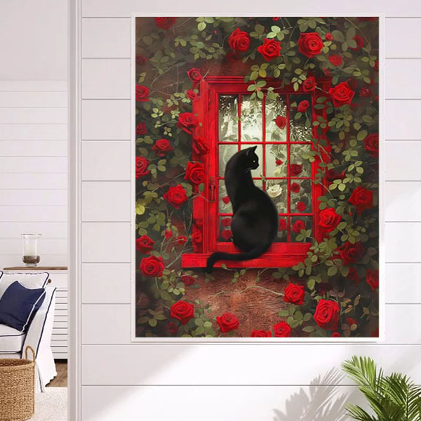 中級 フル ダイヤモンドアート キット ビーズ刺繍 黒猫 赤いバラ 窓