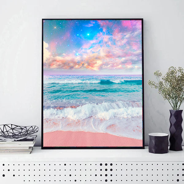 中級 フル ダイヤモンドアート キット ビーズ刺繍 ピンクの砂浜 海