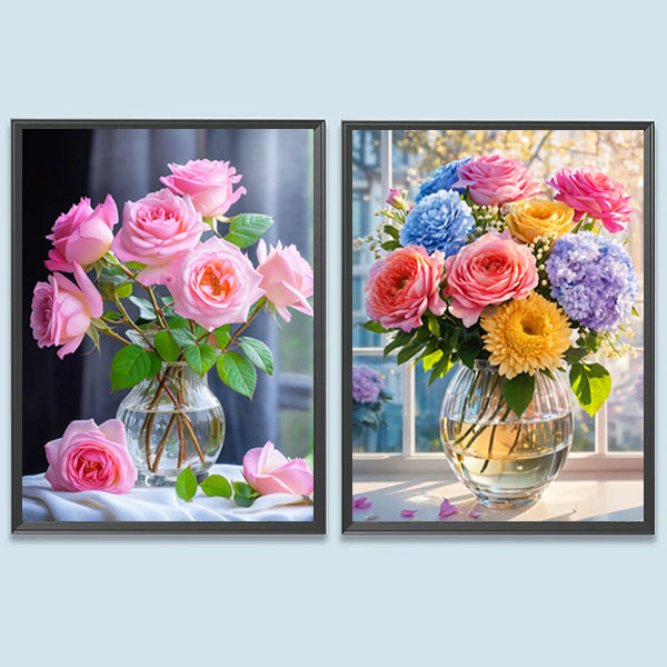 アートピース 花 中級 フル ダイヤモンドアート キット ビーズ刺繍 ガラスの花瓶 花束