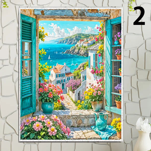 中級 フル ダイヤモンドアート キット ビーズ刺繍 窓から見える風景 海