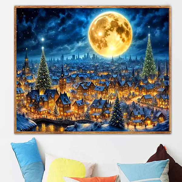 容音水彩画 クリスマスリースと小鳥　満月の夜　値段は※900円です ds-641-1.jpg
