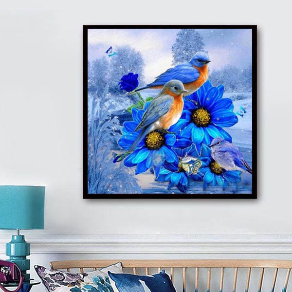 初級 フル ダイヤモンドアート キット ビーズ刺繍 小鳥 青い花 バード