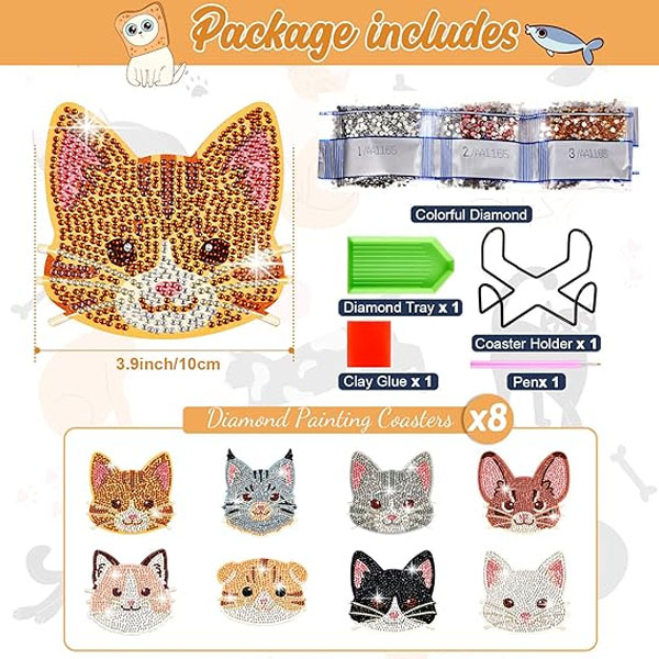 ウッドコースター 制作キット ダイヤモンドアート 8枚 ネコ 猫 三毛猫
