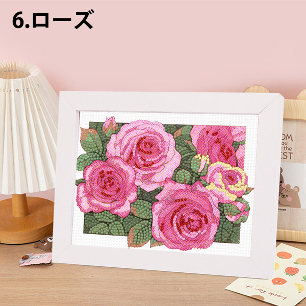 木製フレーム付き ダイヤモンドアート 刺繍キット 立体的 花畑 ローズ