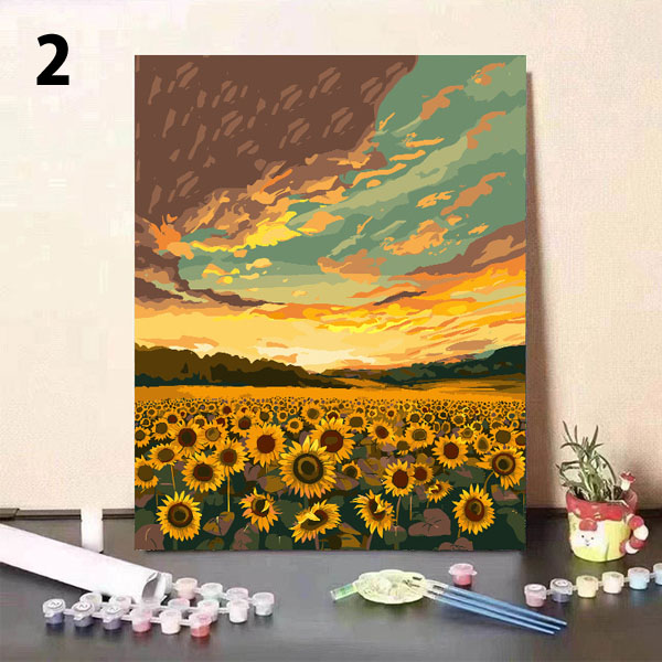 数字塗り絵 ぬりえ 油絵風 花畑 自然風景 チューリップ 向日葵