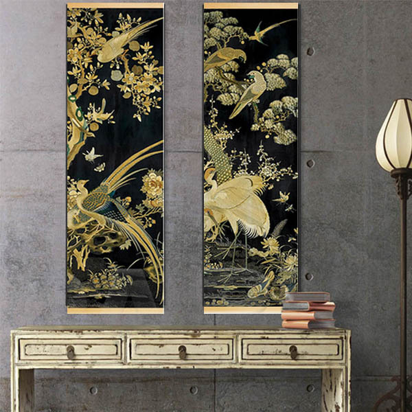 タペストリー 壁掛け ハンガーポスター 掛け軸風 水墨画 孔雀 アジアン