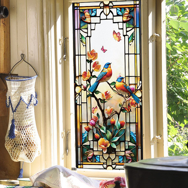 ガラスステッカー ステンドグラス 中華テイスト 小鳥 中華窓 アジア