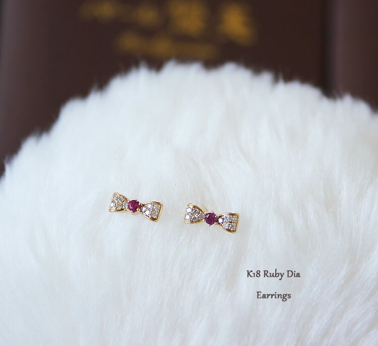 K18 or K18WG DIA RUBY SAPPHIRE ピアス リボン ダイア ルビー