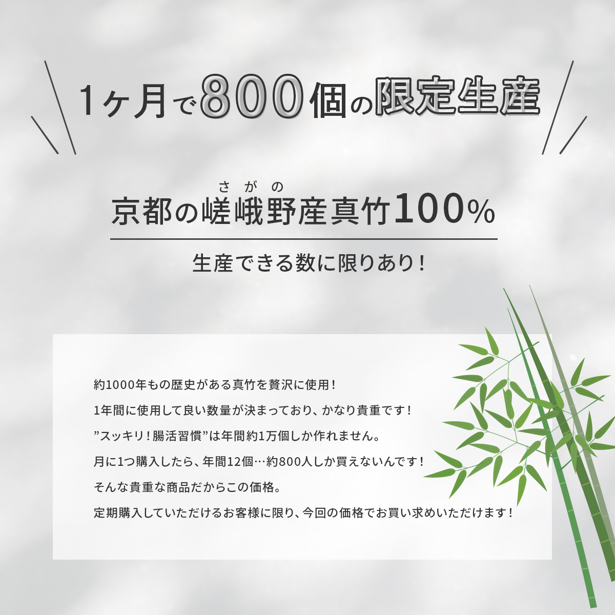 限定生産の京都嵯峨野地区産真竹使用の食用炭パウダー