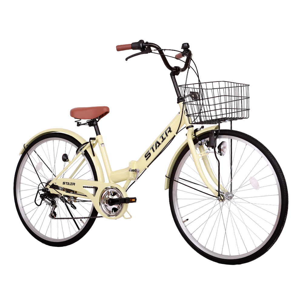 極美品☆シティサイクル クリーム色 26インチ 前カゴ付き 折りたたみシティサイクル 折りたたみ自転車 シマノ製6段変速 26インチ