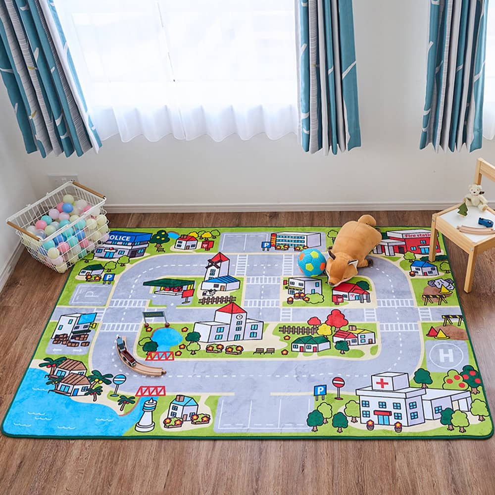 こども用 道路と街のデザインカーペット トミカ 110x130cm 男の子の子供部屋に、道路でミニカーキッズラグ 約 110×130 cm 1畳