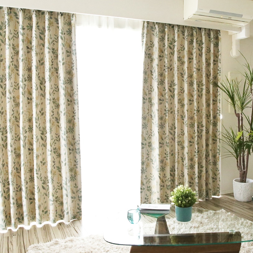 裏地付きオーダーカーテン シグナ グリーン 2倍ヒダ