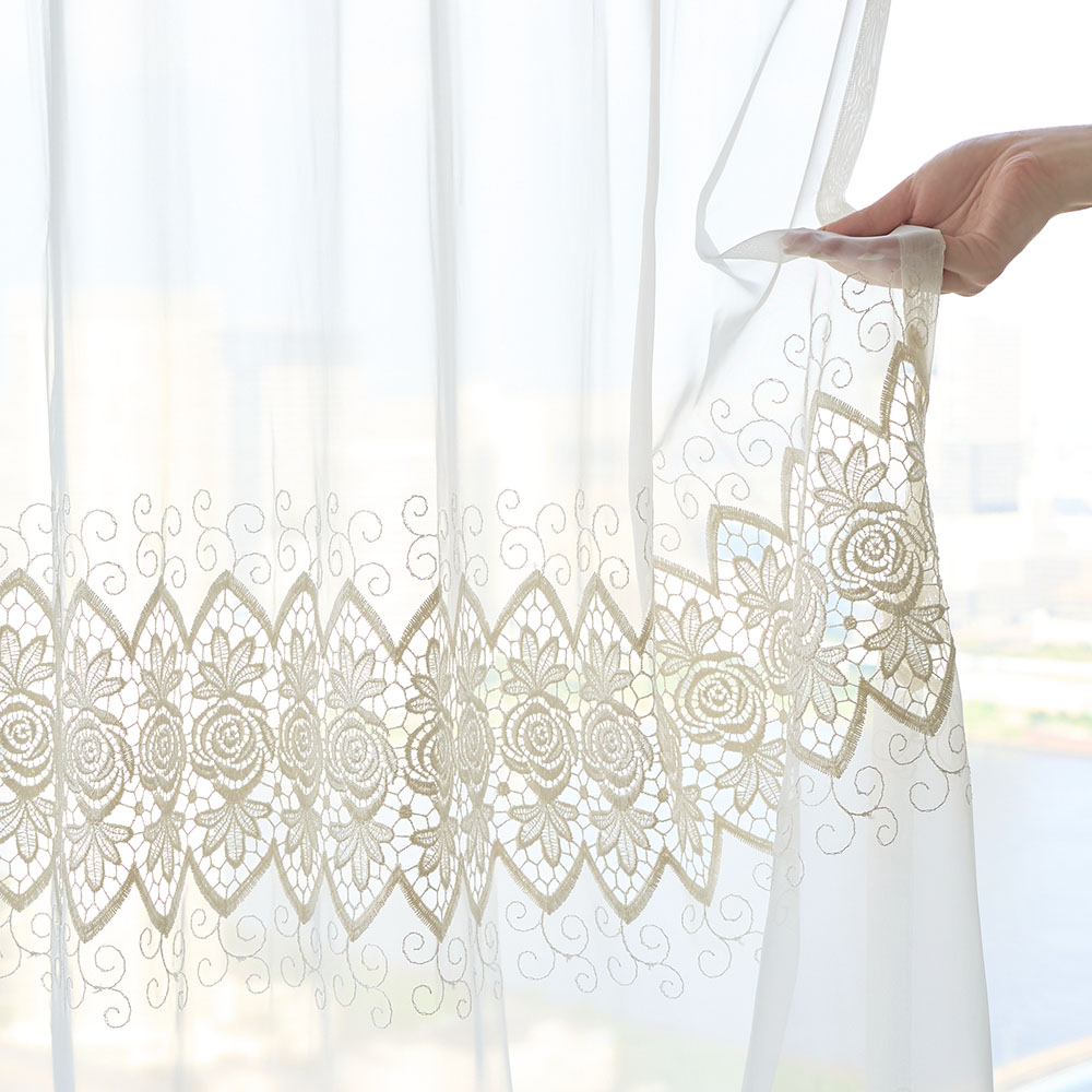 カフェカーテン【バラ刺繍レーススカラップ ダブルデザイン