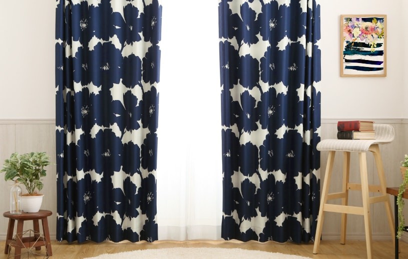 カーテン 遮光 オーダー 2級遮光 洗濯可能 ブルー 北欧 花柄 オーダー 