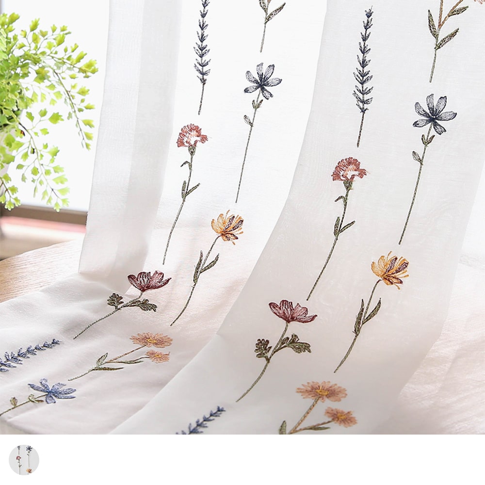 刺繍レースカーテン 色とりどりの糸で描かれたお花が可愛い、刺繍 