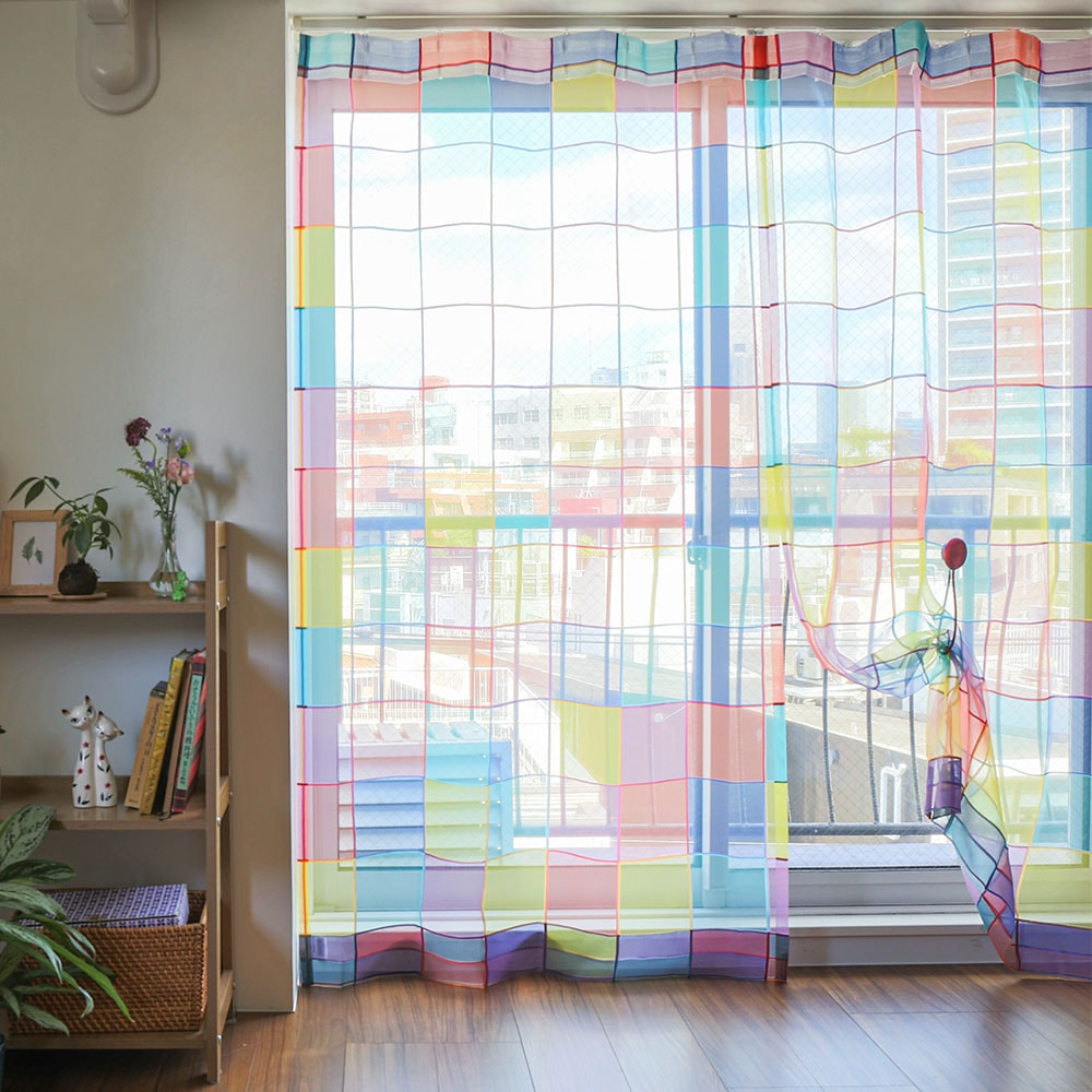 レースカーテン オーダー カラフルな幾何学デザインのオパールレース