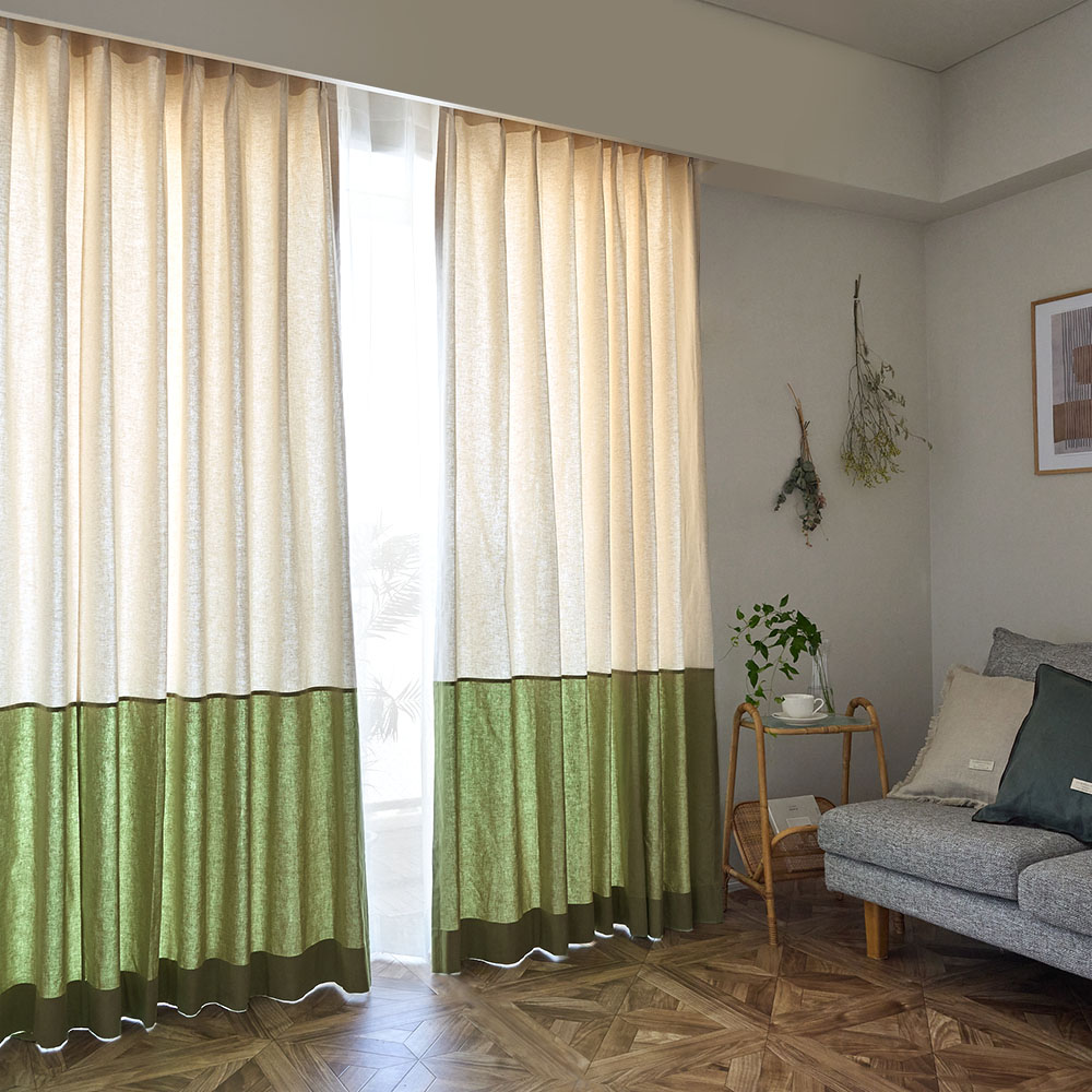 コットンリネン パリジェンヌの仏フック穴カーテン2枚x縁飾150x180/枚