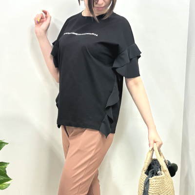 コットンフリルTシャツ フリルTシャツ 半袖 フリル袖 tシャツ レディース トップス ロゴT ロゴ...