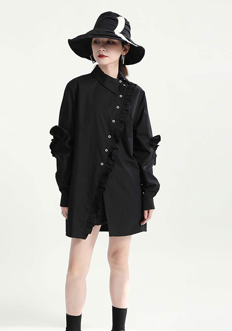 ヤッコマリカルド ☆ プリーツ ロングシャツ 3 薄手 チュニック 長袖 黒 綿 ヤッコマリカルド ☆ プリーツ ロングシャツ 3 薄手 チュニック