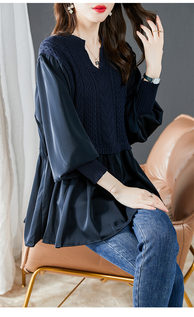 スキッパーカラー チュニック 長袖 シャツ ニット 重ね着風