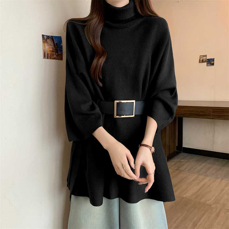 美品✨ veritecoeur ニットポンチョ 黒 F タートル サイド紐ベルト Veritecoeur × キナリノ｜タートルニットポンチョ / NT-117