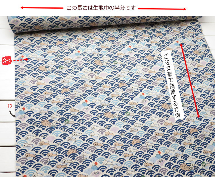 ねこ柄 生地 108cm巾 綿麻キャンバス 和風波とにゃんこ(7065) 青海波