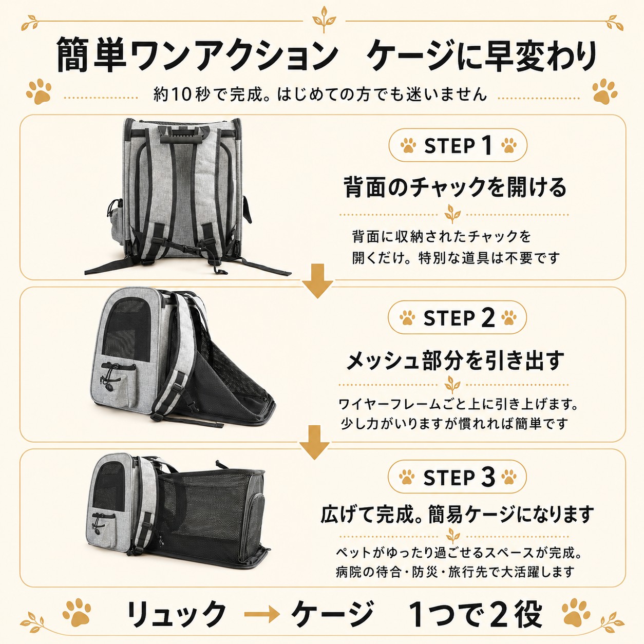 ペット用キャリーリュック 拡張型 猫 キャリーバッグ 折り畳み 犬