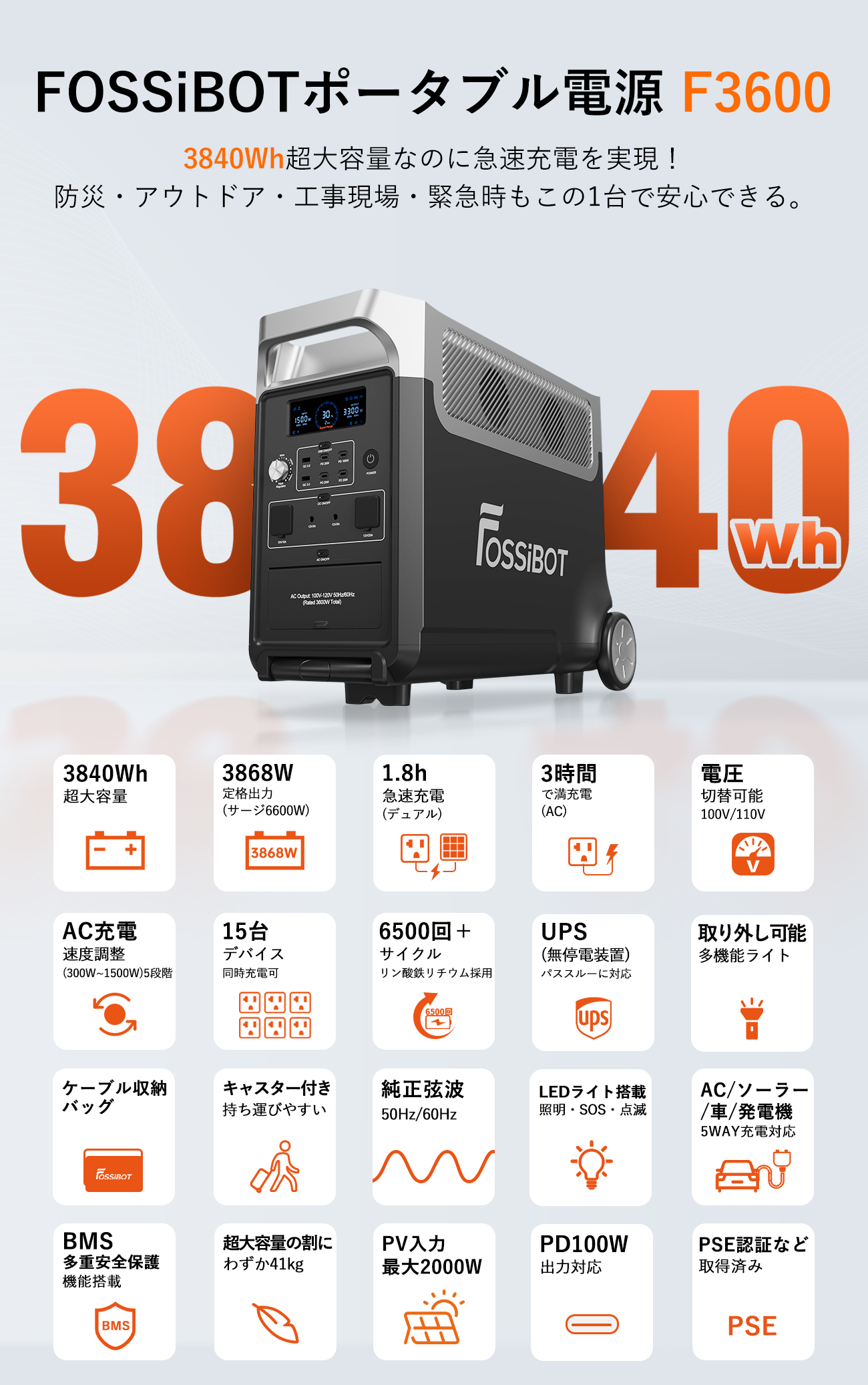 【限定SALEで219,990円！】FOSSiBOT ポータブル電源 リン酸鉄 超大容量 3840Wh 3868W 急速充電 防災 車中泊 2000WのPV入力可 充電速度調節 停電 節電｜peta｜02