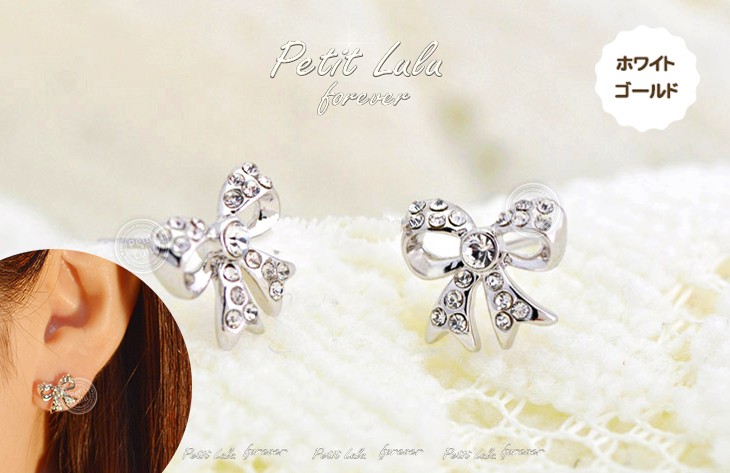 Petit Lulu ピアス レディース スワロフスキー リボン k18 18金