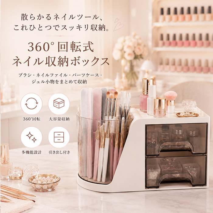 ネイルボックス 回転式ネイル収納ボックス 収納 ブラシホルダー 引き出し付き ジェル