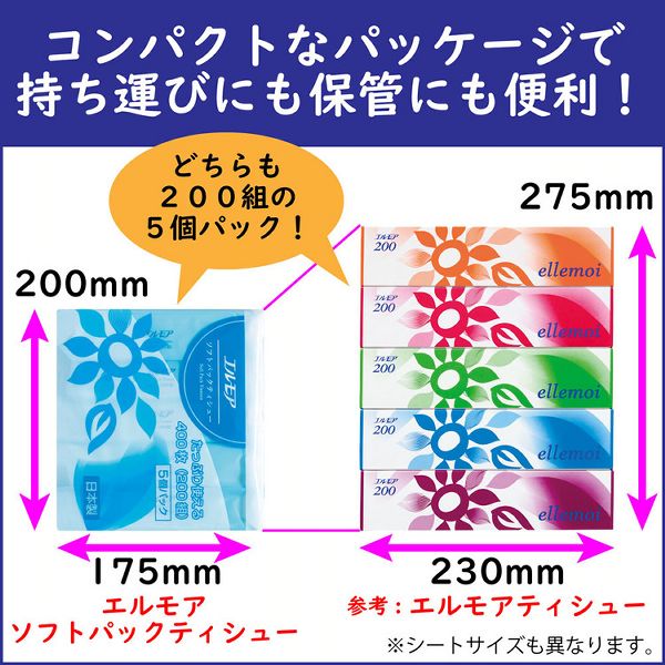 ティッシュソフトパック200組パルプコンパクト大容量ソフト収納カミ商事国産ソフトパックティッシュコンパクト箱なしエルモアソフトパックティシュー200W5Pエルモア 
