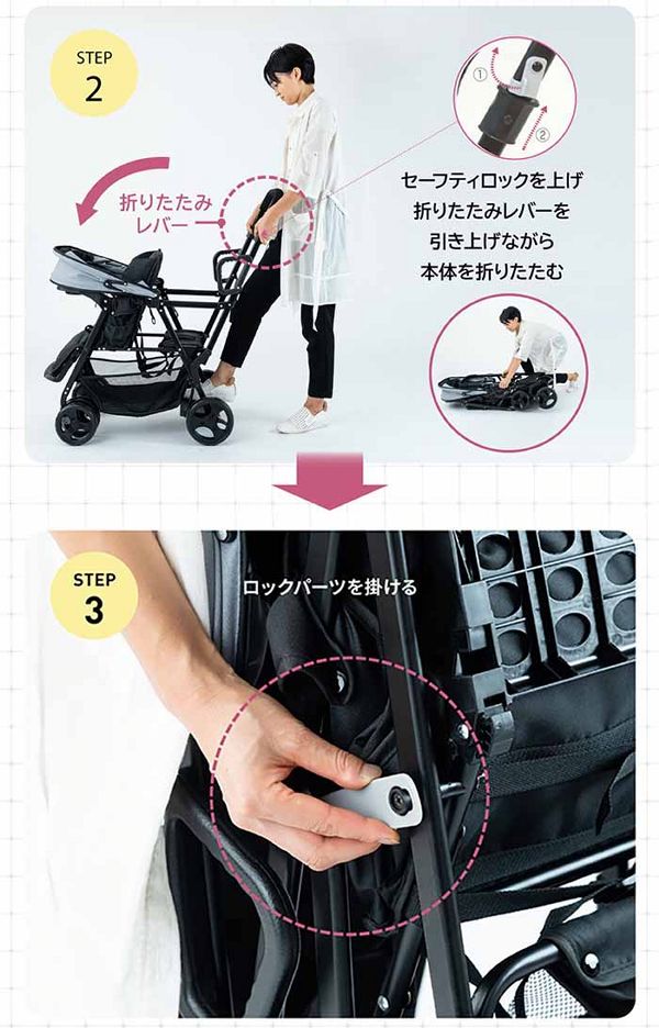 ベビーカー2人連れ軽量コンパクト兄弟・姉妹前席4カ月〜後席3歳頃〜後席＆立席ボード2人乗りお出かけスリムサイズリクライニング折りたたみCEマーク合格品ネビオベビーカー2人連れ軽量コンパクトNebioアミティエＦ 