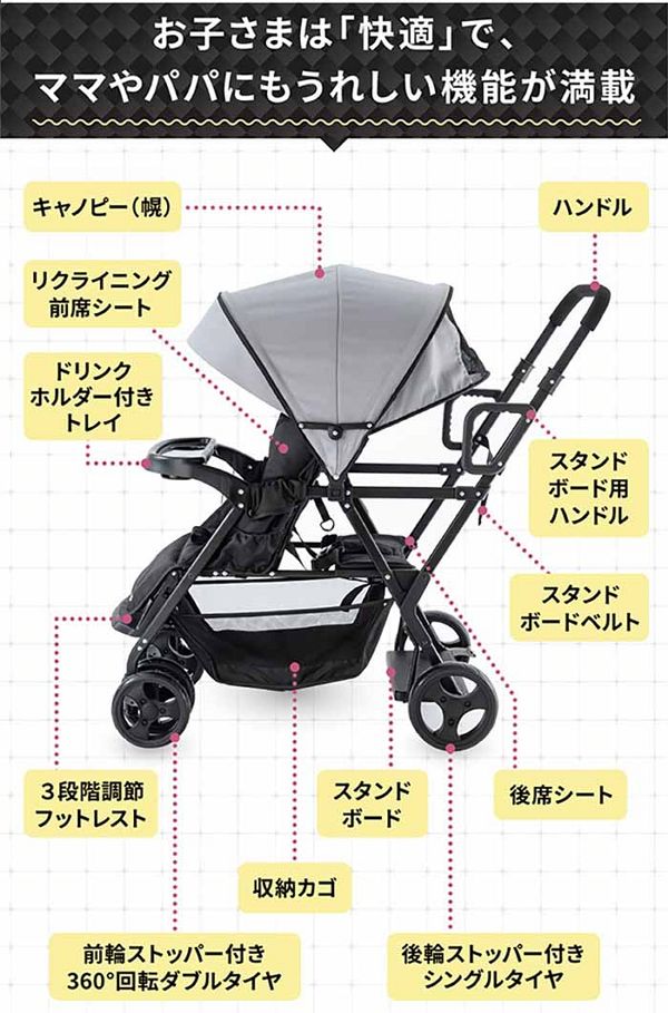 ベビーカー2人連れ軽量コンパクト兄弟・姉妹前席4カ月〜後席3歳頃〜後席＆立席ボード2人乗りお出かけスリムサイズリクライニング折りたたみCEマーク合格品ネビオベビーカー2人連れ軽量コンパクトNebioアミティエＦ 