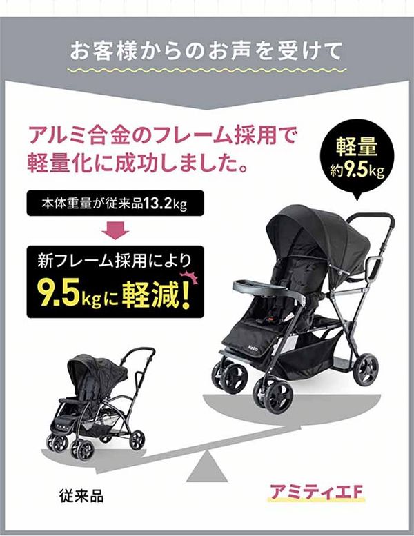 ベビーカー2人連れ軽量コンパクト兄弟・姉妹前席4カ月〜後席3歳頃〜後席＆立席ボード2人乗りお出かけスリムサイズリクライニング折りたたみCEマーク合格品ネビオベビーカー2人連れ軽量コンパクトNebioアミティエＦ 