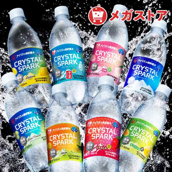 炭酸水 500ml 24本 強炭酸水 アイリスオーヤマ クリスタルスパーク レモン ピーチ フレーバー 無糖 クリスパ