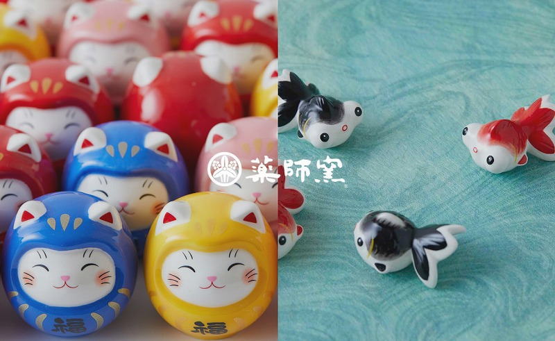 薬師窯『彩絵しあわせ猫こけし (重ね菊・大) 』御祝 子宝祈願