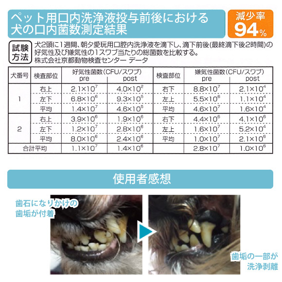 ペット用口内洗浄液投与前後における犬の口内菌数測定結果