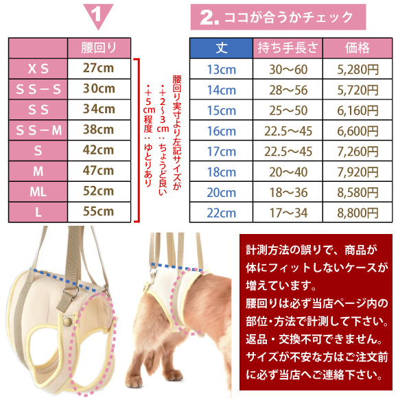 後ろ足用歩行補助ベストのサイズ