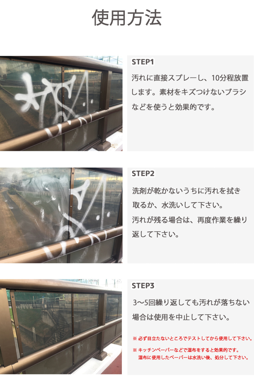 落書きクリーナー 落書き洗剤 使用方法 汚れた箇所 直接スプレー 数分程放置 ブラシなどで擦り洗い