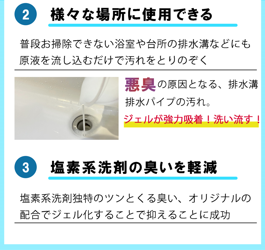 ジェッとる３つの特徴。普段お掃除できない排水溝、排水パイプなどにジェッとるを流し込むだけで、詰まった汚れを強力洗浄。塩素系の不快なにおいも軽減しています。