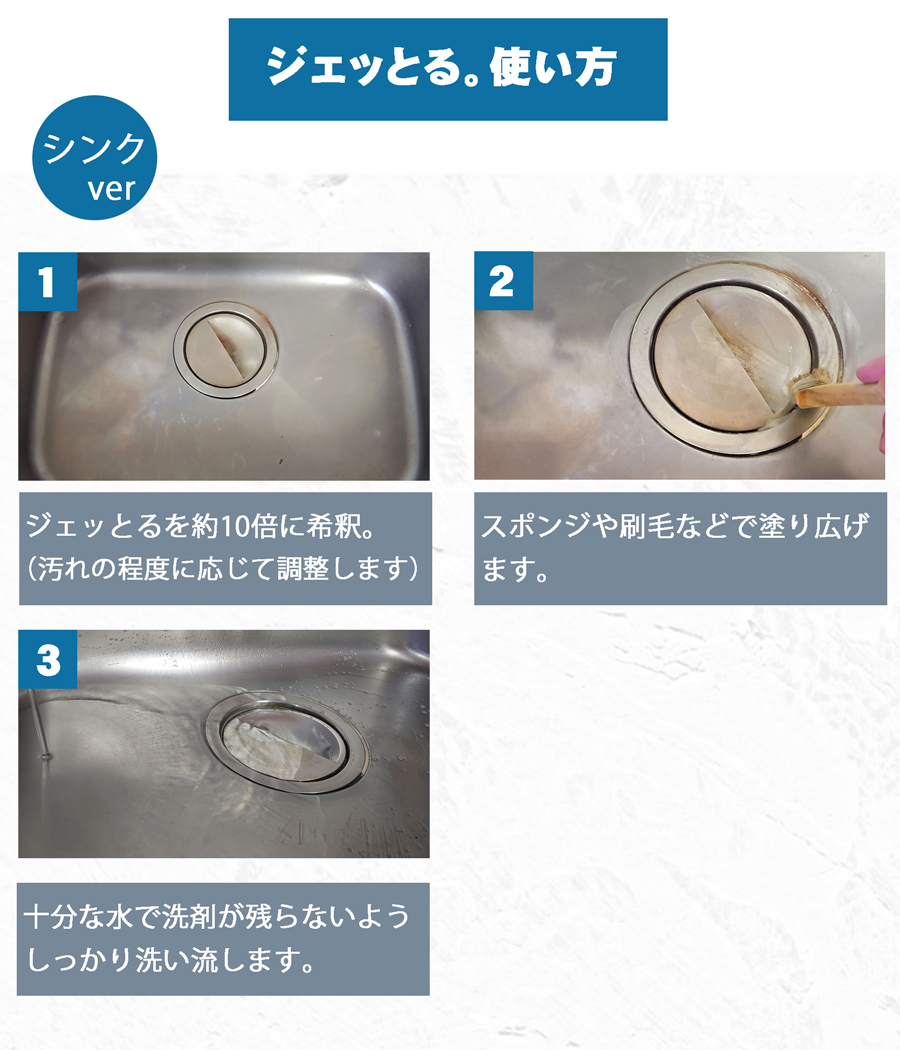 ジェッとる使用方法。シンクや浴室の床・壁など比較的軽微な汚れの場所には、10〜30倍に希釈して使用。十分な水で洗剤が残らないように洗い流します。